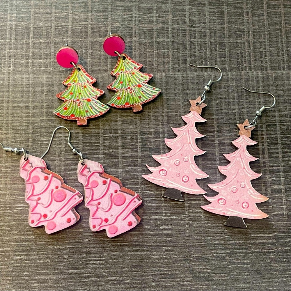 Festive Christmas Tree Earrings Set 3 pair